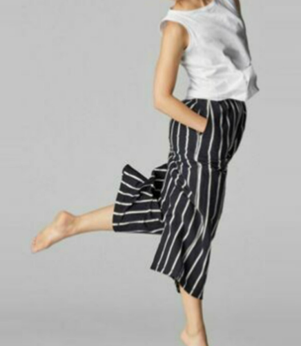 $168 Eileen Fisher PS Black White Stripe Slub Cotton Wide Cropped Pants NWT - Picture 5 of 18