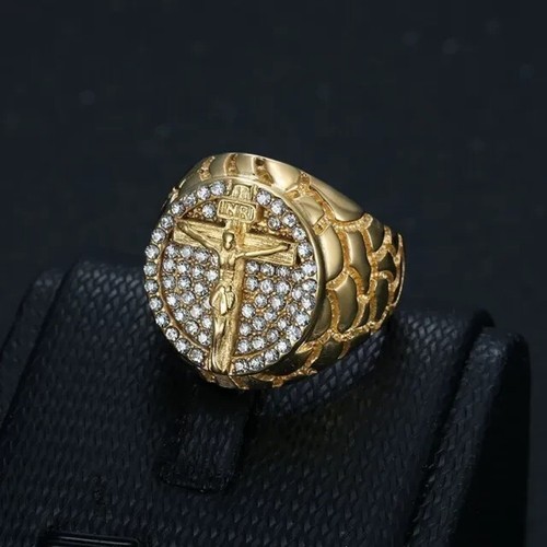 14K Yellow Gold Plated 2 Ct Round Cut Lab Created Diamond Men's Jesus Cross Ring - Picture 3 of 4