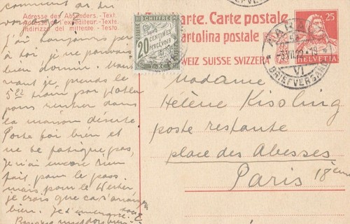 GANZE POSTKARTE SCHWEIZ AARAU FÜR PARIS ABBESSINNEN STEUER 20c OLIVE