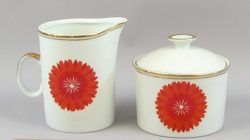 Vintage Jarolina Poland Jug Milk & Bowl Sugar Red Orange Flower Daisy - Picture 4 of 6