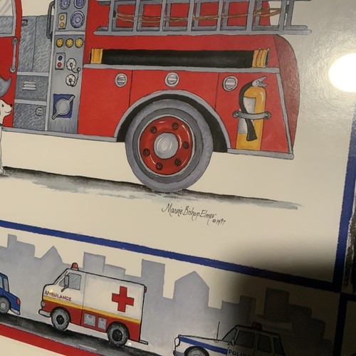 Marnie Bishop Elmer Rescue Trucks Print   15.75” X 19.75” VTG Professional Frame - Picture 10 of 12