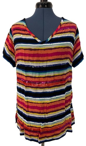 Soft Surroundings Colorista Sequin Stripe V Neck Short Sleeve Top Nautical L - Picture 2 of 12