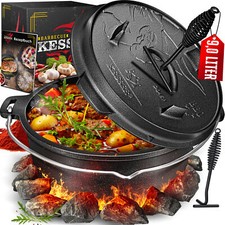KESSER® Dutch Oven Set mit Deckelheber BBQ Feuertopf Schmortopf, Gusseisen Topf