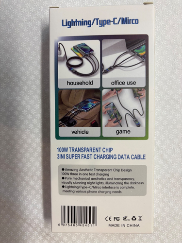 Charging cables 3 in 1 Super Fast 100 W With Thoughtful Night Light Black Tuff. - 第 2/2 張圖片