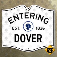 Massachusetts Dover book style city limit road sign 1950 highway marker 18x16