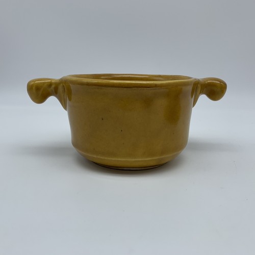 CALIFORNIA POTTERY Mustard Colored Soup Bowl w Handles & Lid w Tomato On Top - Picture 5 of 11