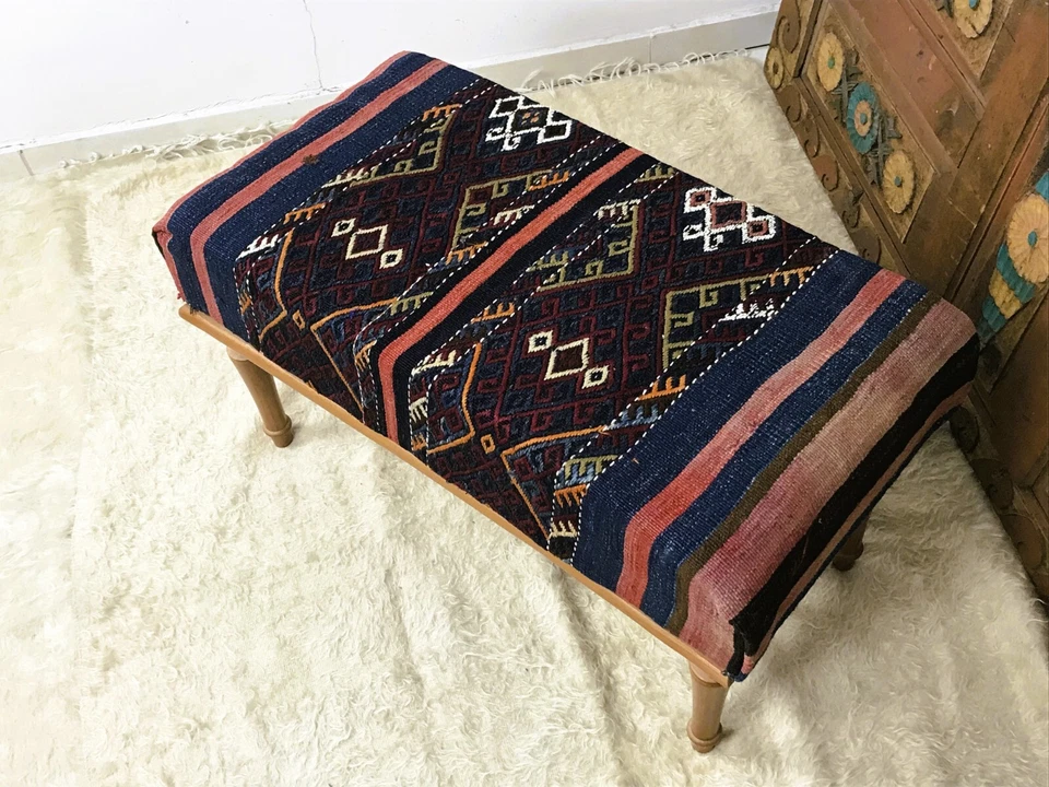 Handmade Kilim Upholstered Ottoman Footstool Piano Entryway Bedroom Bench - Image 2 of 4