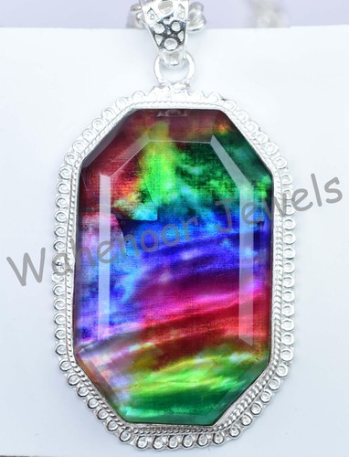 40Gm Natural Ammolite Gemstone 925 Sterling Silver Pendant With Chain Certified - Picture 3 of 7