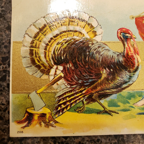 Antike Thanksgiving Postkarte Truthahn & Amor, Stumpf mit Axt .....oh nein.... - Bild 2 von 4