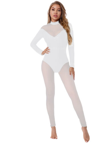 Sexy Womens Bodysuits Mesh Sheer Jumpsuits Dance Gymnastics Yoga Leotards Romper - Picture 29 of 35