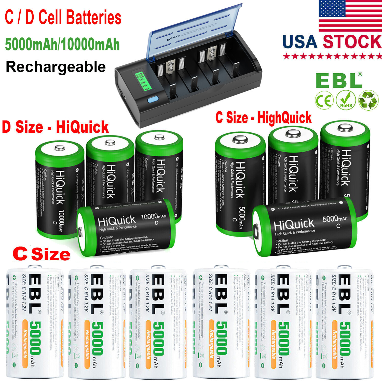 Lot D / C Cell Size NiMH Rechargeable Batteries 10000mAh NiMH Battery