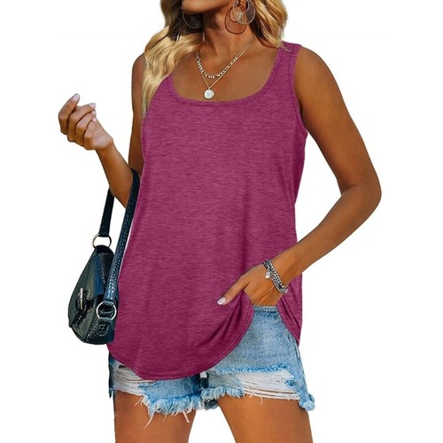 Basic Solid Color Casual Summer Sleeveless Shirts Longline Loose Tunic Tank-Top - Picture 17 of 48