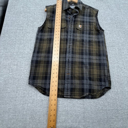 Carhartt Flannel Shirt Vest Sleeveless Plaid Workwear Slim Fit M Trucker Gray - Picture 7 of 9