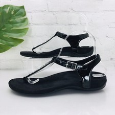 Vionic Sandals Womens Size 8 Black Leather Slingback Thong Flat Comfort Casual