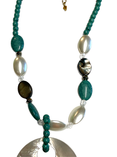 Faux Turquoise Beaded Round White/Brown Abalone Pendant Necklace 23" - Picture 23 of 24