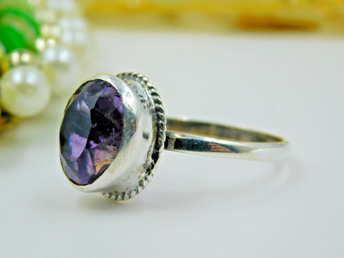 Artistic 925 Sterling Silver Rings Stylish Natural Amethyst Faceted Oval US"8.5 - Picture 1 of 6