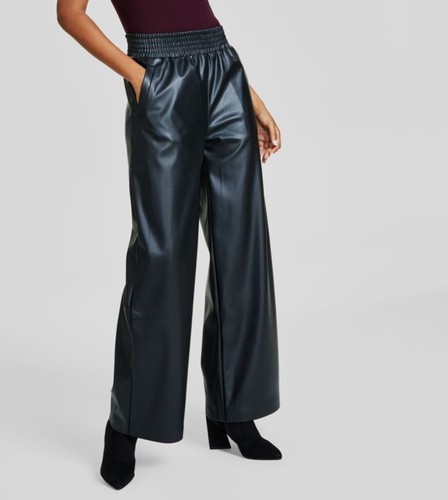 Bar III Women's Black Faux-Leather Wide-Leg Pants Petite Size 8P - Picture 1 of 3