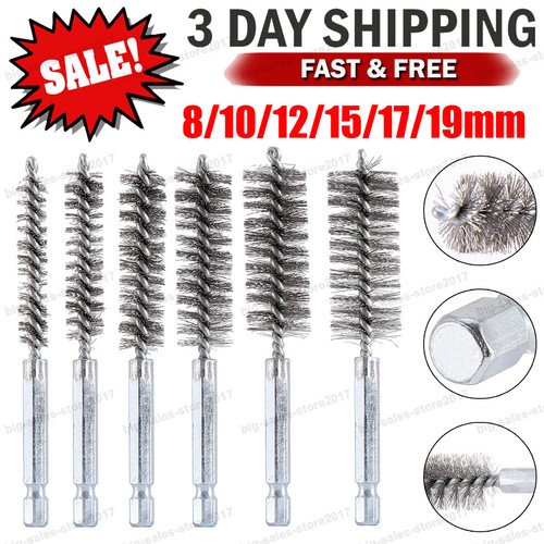 6x 1/4" Hex Shank Bore Cleaning Brushes Stainless Steel for Electric Power Drill