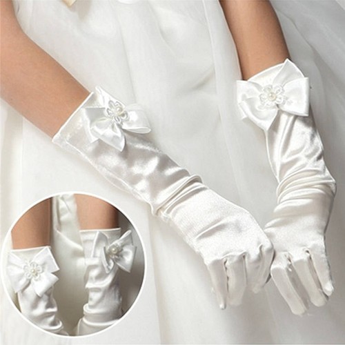Elegant Pearl Bow Flower Girls Dress Long White Gloves for Kids Baby 3-12 Years - Picture 5 of 18