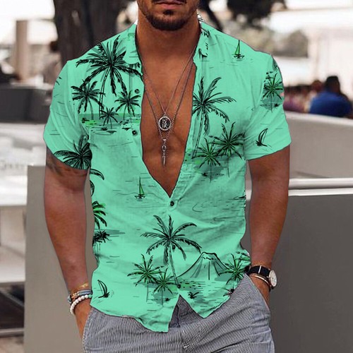 Men's Coconut Tree Blouse Casual Shirts Loose Short Sleeve Tops Beach Boho Tee ∂ - Picture 10 of 17