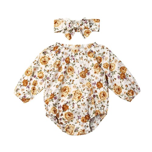 2pcs Baby Girl Cute Romper Newborn Long Sleeve Flowers Printed Ruffle Jumpsuit - Picture 7 of 7