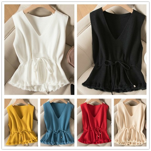 Lady Knitted Vest Tank Top Sweater Waistcoat Sleeveless V-neck Ruffle Casual