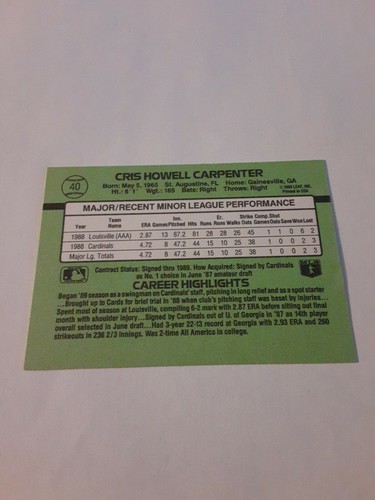 1989 Donruss THE ROOKIES Cris Carpenter # 40 RC Cardinals MLB - Picture 2 of 2