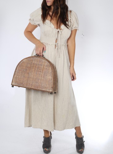 Beige Linen Short Sleeve Bra Front Drawstring Ruched Midi Long Dress Size 6 - Bild 2 von 9