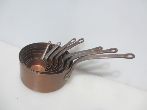 Vintage Copper Pan Set Kitchen Iron Handles French Old Antique Pans Frying Sauce - Picture 4 of 12