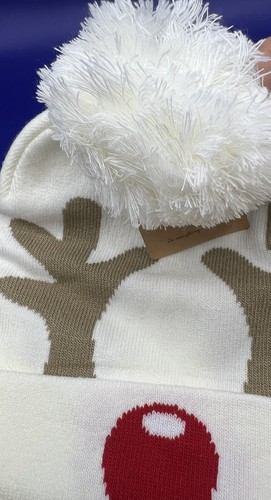 Gorro de Navidad tejido de reno para mujer talla única con pompón sombrero blanco regalo de vacaciones - Imagen 6 de 11