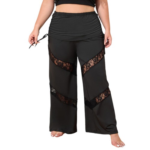 Women Ladies Casual Loose Wide Leg Pants High Waist Lace Drawstrings Trousers - Picture 14 of 15