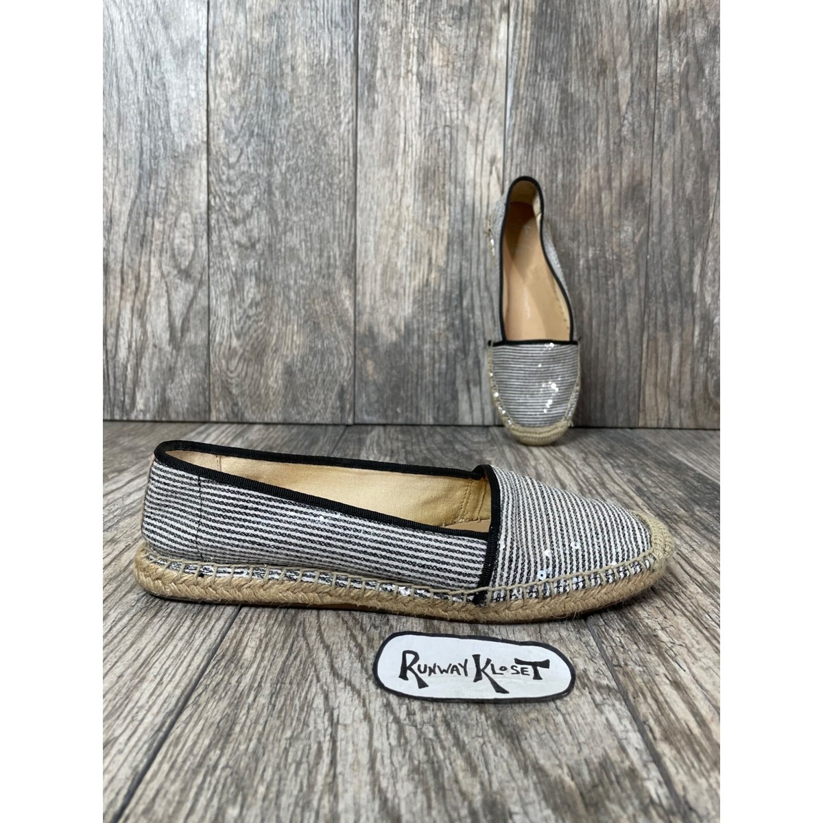 FRANCO SARTO A WHIP Women's Black White Stripe Sequined Espadrille Flats  Size 7M
