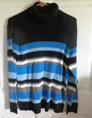 NWT Liz Claiborne Villager Black Blue Striped -Turtleneck