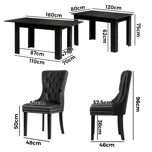 Oikiture 160cm Extendable Dining Table with 6PCS Dining Chairs PU Leather Black - Picture 8 of 10