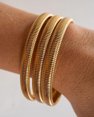 Juego de pulseras elásticas brazalete grueso dorado para mujer chapado en oro acero inoxidable con - Imagen 4 de 7
