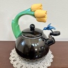 Vintage Ancona RARE Black Enamel Whistling Tea Kettle Tulip & Hummingbird 90s