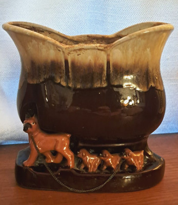 1950'sTilso? McCoy Boxer Dog Brown Drip Glaze Wall Pocket Vase Planter