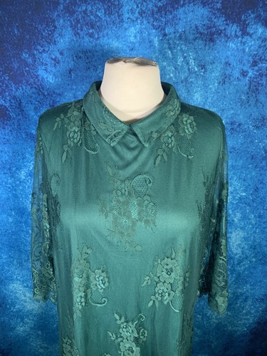 Teal ~ Dress Size 26 (Small In Size) Plus Curve Stretchy Lacy 3/4 Sleeve Collar - Picture 3 of 24