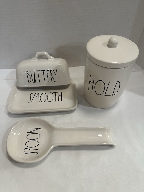 3 Rae Dunn Items Artisan Collection by Magenta Butter Dish Canister Spoon Rest