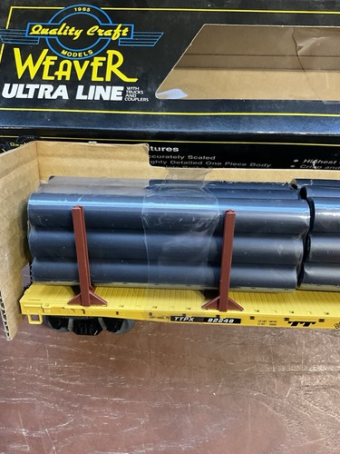 VINTAGE WEAVER 82248 TTPX TRAILER TRAIN 50’ FLAT CAR W/PIPE LOAD 3-RAIL NIB O - Picture 15 of 18