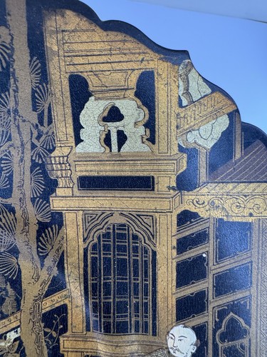 Antiguo plato maché de papel con patas “Chinoiserie” de exportación china mediados del siglo XIX - Imagen 13 de 24