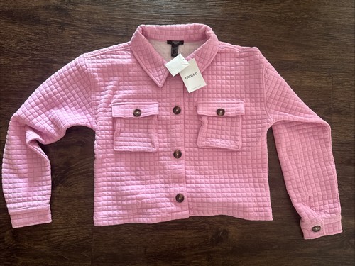 NWT Forever 21 Kid's Pink Quilted Jacket Front Buttons Cropped Long Sleeve 9/10 - Picture 1 of 3