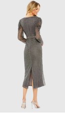 MAC DUGGAL 93674 BEADED WRAP OVER PUFF SLEEVE CHARCOAL MIDI  GOWN   14 NWT $598