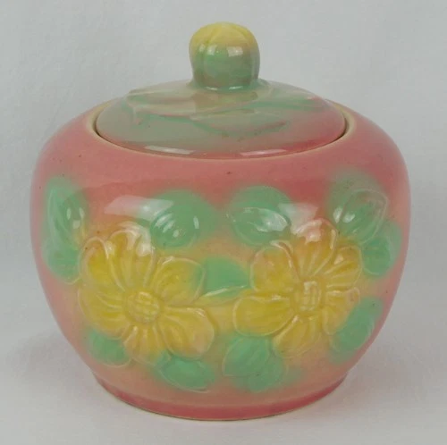 1952 Hull Pottery SUNGLOW LIDDED GREASE JAR 53 High Gloss Pink Yellow Ohio USA