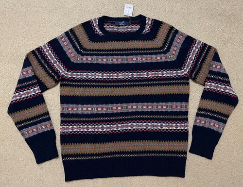J.CREW Fair Isle Sweater Men's Large Blue Brown Lambs Wool Crew Neck Nordic NWT - Picture 1 of 9