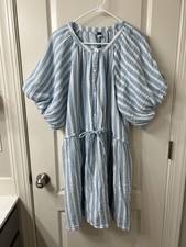 Old Navy Ladies Dress 100% Cotton XL Gauzy Blue White Striped Puffed Sleeves