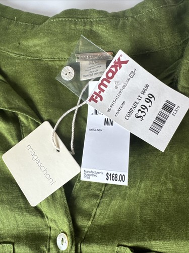 Magaschoni NWT Linen Collared Button Down Long Sleeve Shirt Women’s M Green $168 - Picture 4 of 9