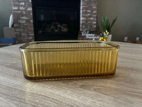 VINTAGE Federal Glass Ribbed AMBER Refrigerator Dish Rectangle NO Lid 8.5 x 4 x3