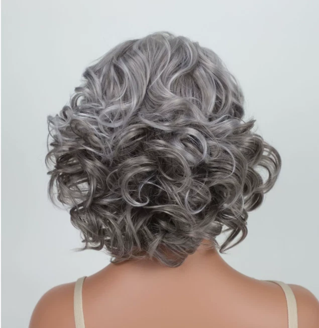 Pelucas cortas rizadas color gris sintético calor OK mujeres suaves fiesta uso diario Foto 2 de 4