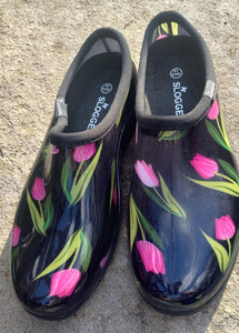 Sloggers Black & Pink Tulip Print Waterproof Gradening Shoes Sz.10
